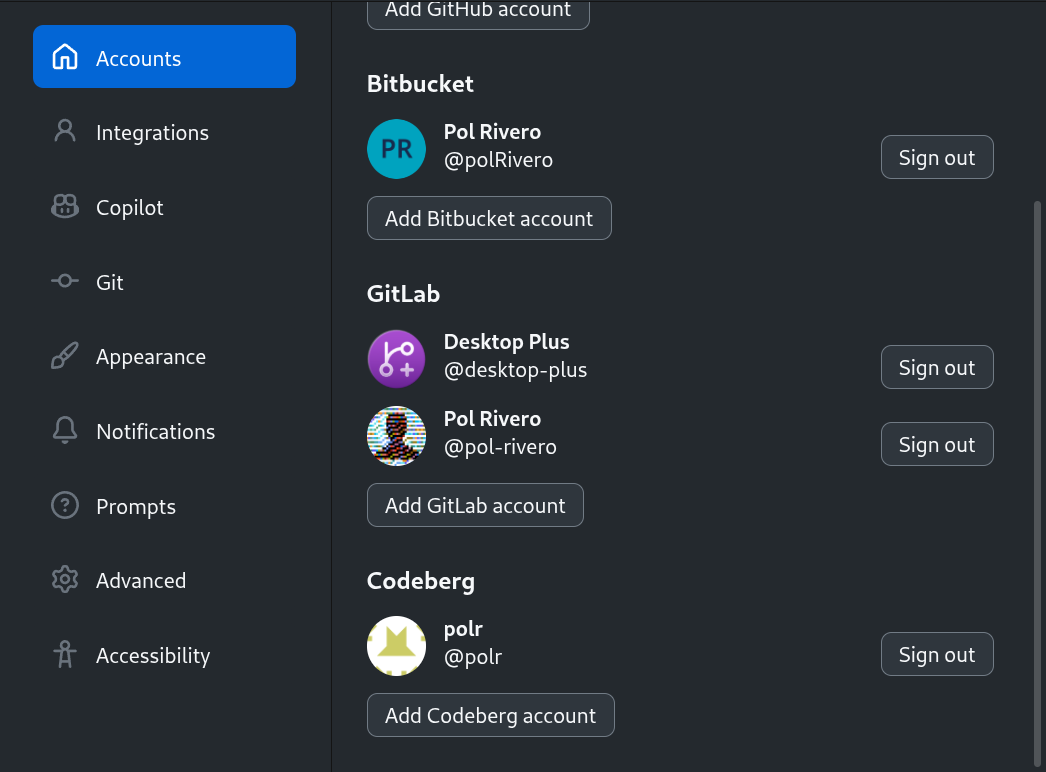 Accounts settings showing multiple GitHub, Bitbucket and GitLab accounts