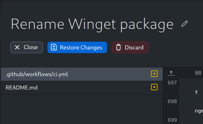 Stashed changes header with clearly colored Restore and Discard buttons